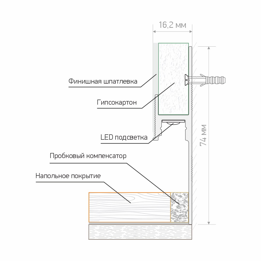 Плинтус теневой с местом для LED PIT3-W (Белый) 74*16,2*2000